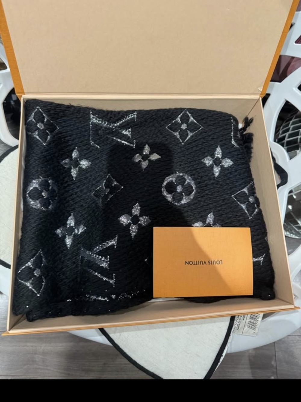 Never Used In Box Louis Vuitton Black Monogram Wool-Blend Scarf